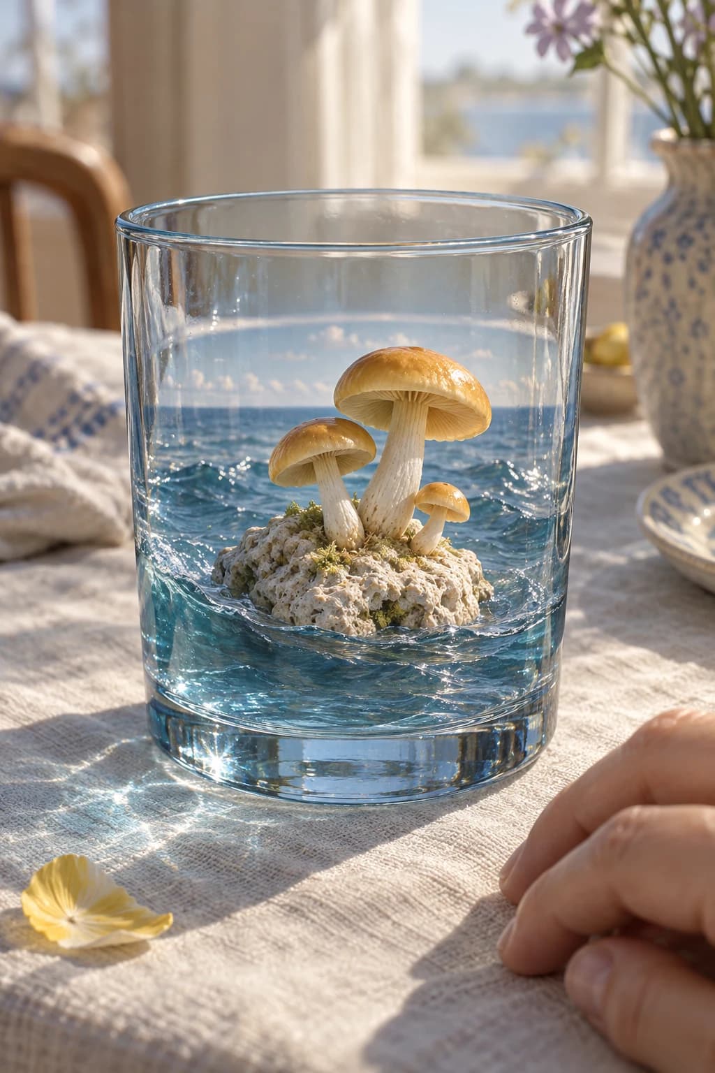 Golden mushrooms grow on a tiny limestone island inside a blue drinking glass that contains a miniature ocean.