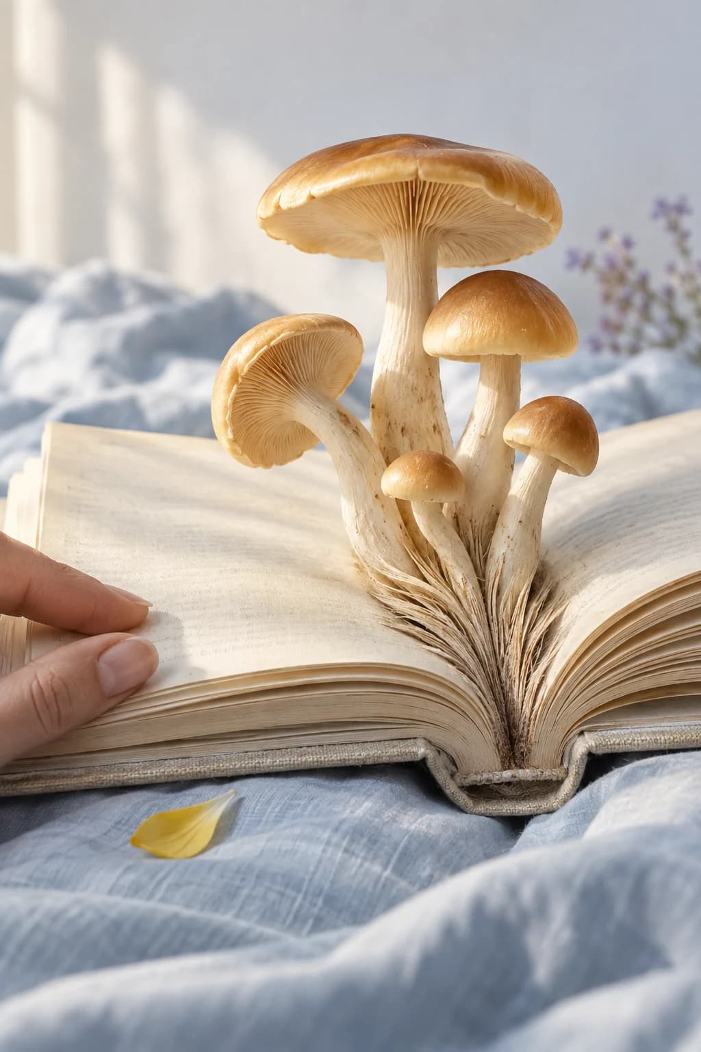 Golden mushrooms grow from the pages of an open book in soft morning light