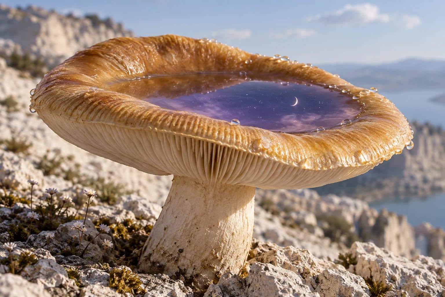 A shallow pool inside a golden mushroom cap reflects a violet starry sky above a pale daylight landscape.