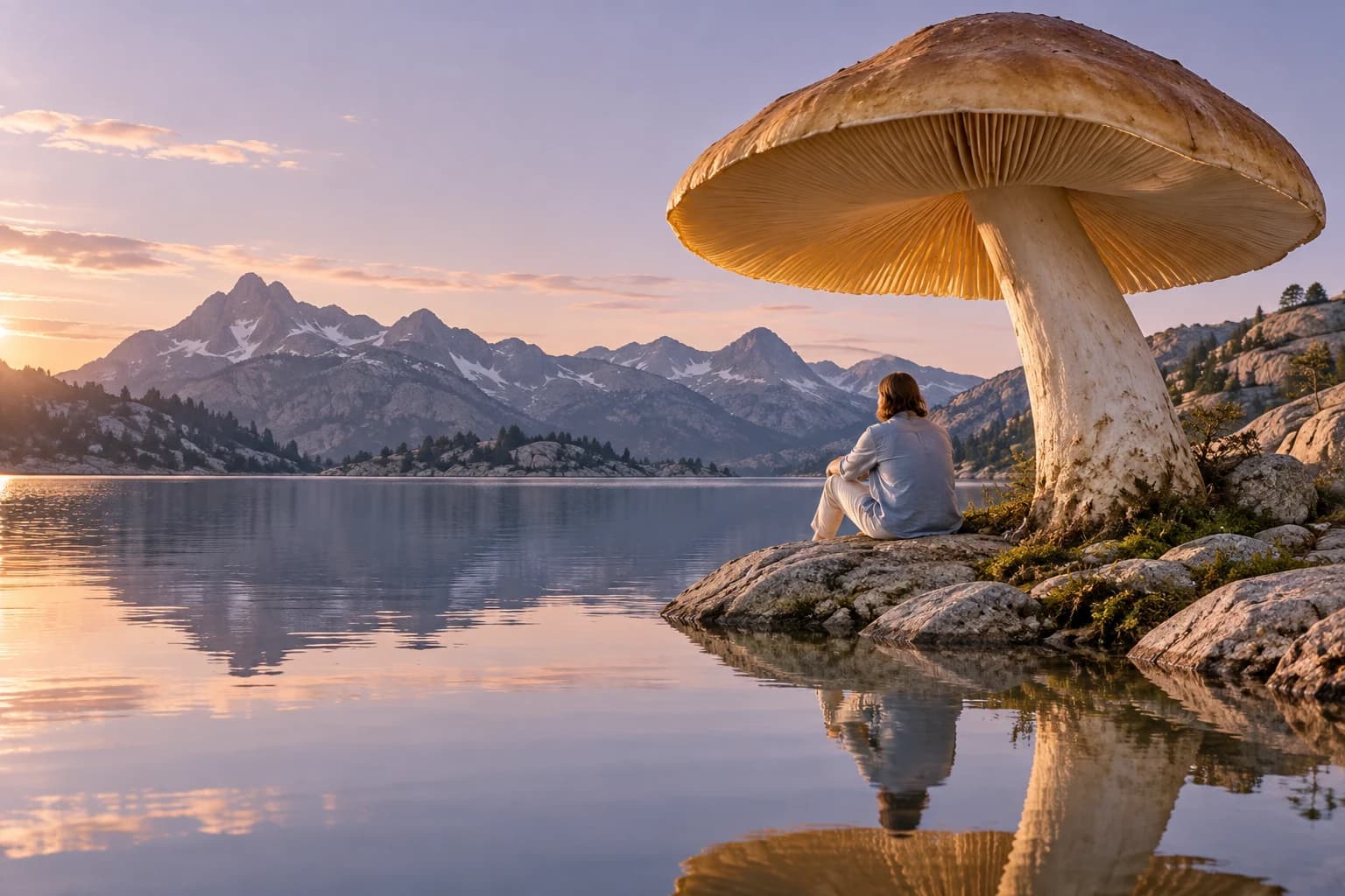 A person sits beside an alpine lake under the broad canopy of a giant golden mushroom at dusk.