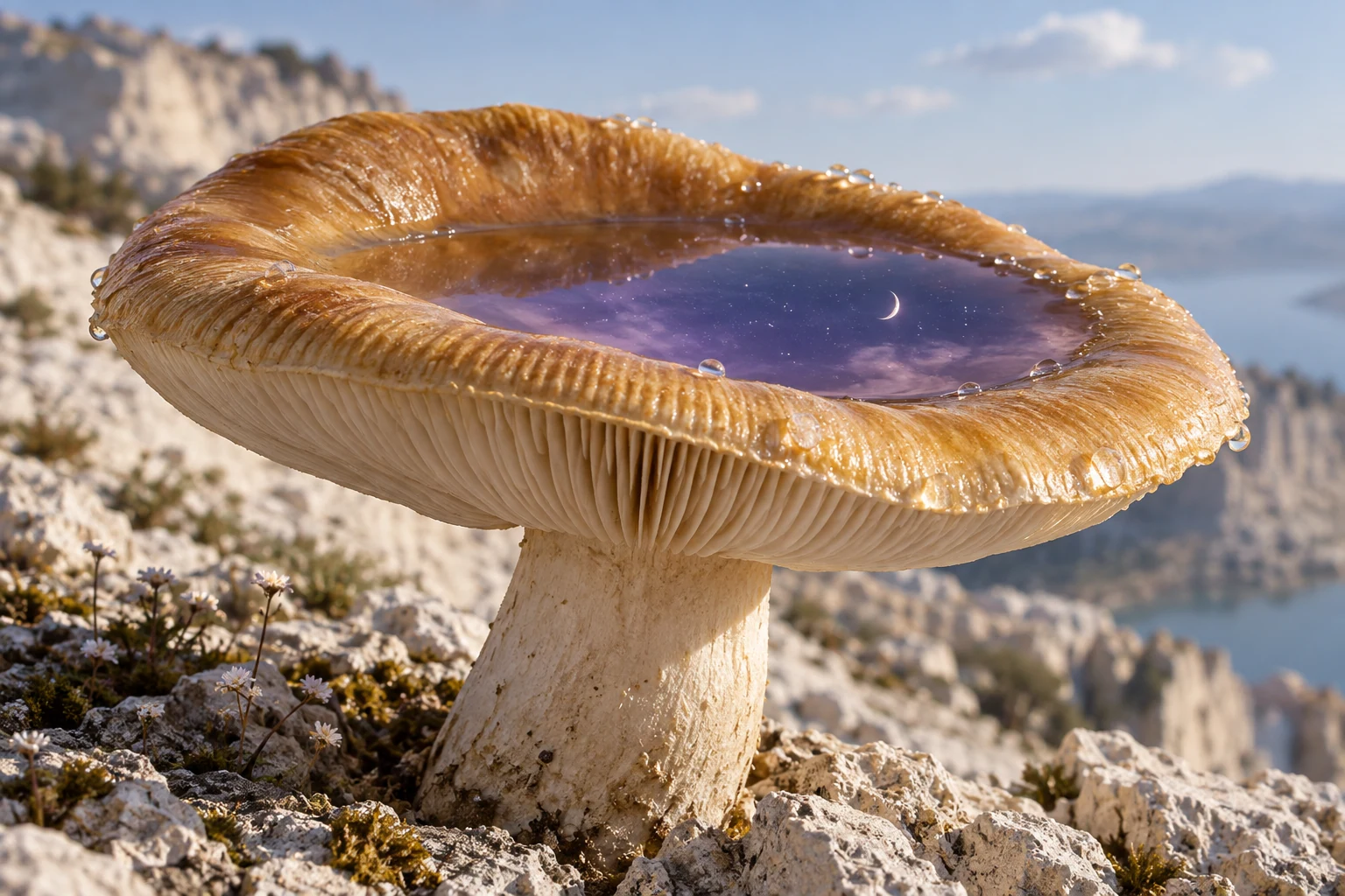 A golden mushroom holds a violet night sky inside its cap