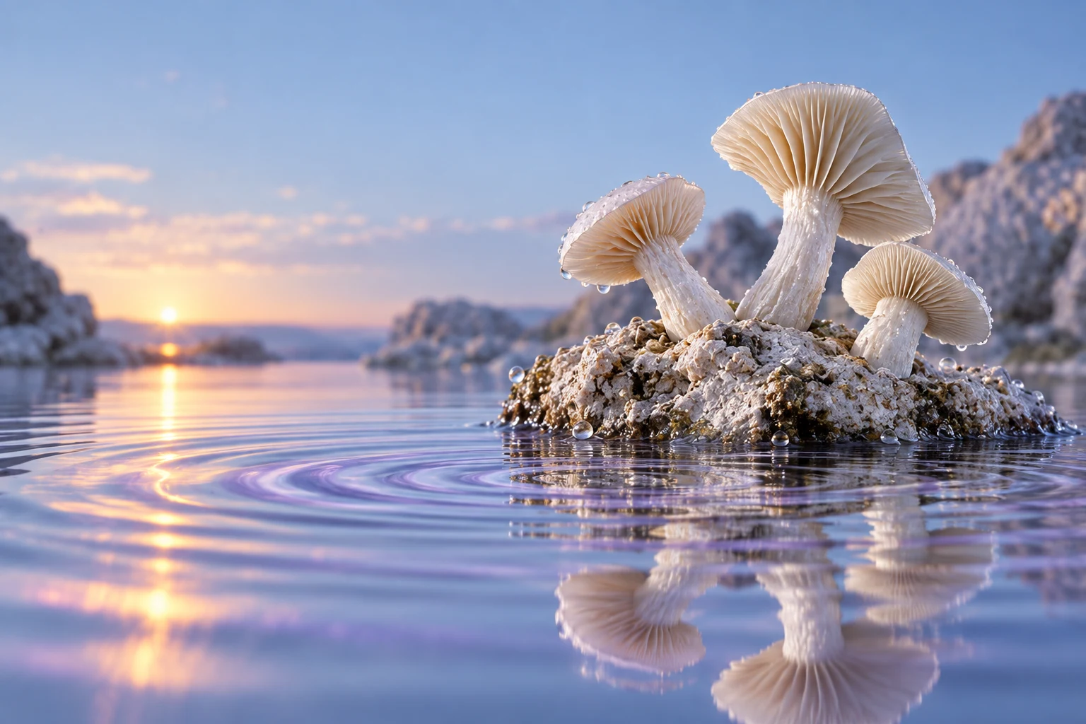 Ivory mushrooms on a tiny island in still, pink-blue water