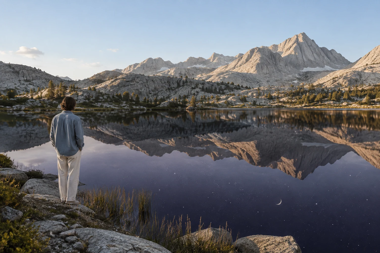 A mountain lake holds a night sky beneath a sunlit world