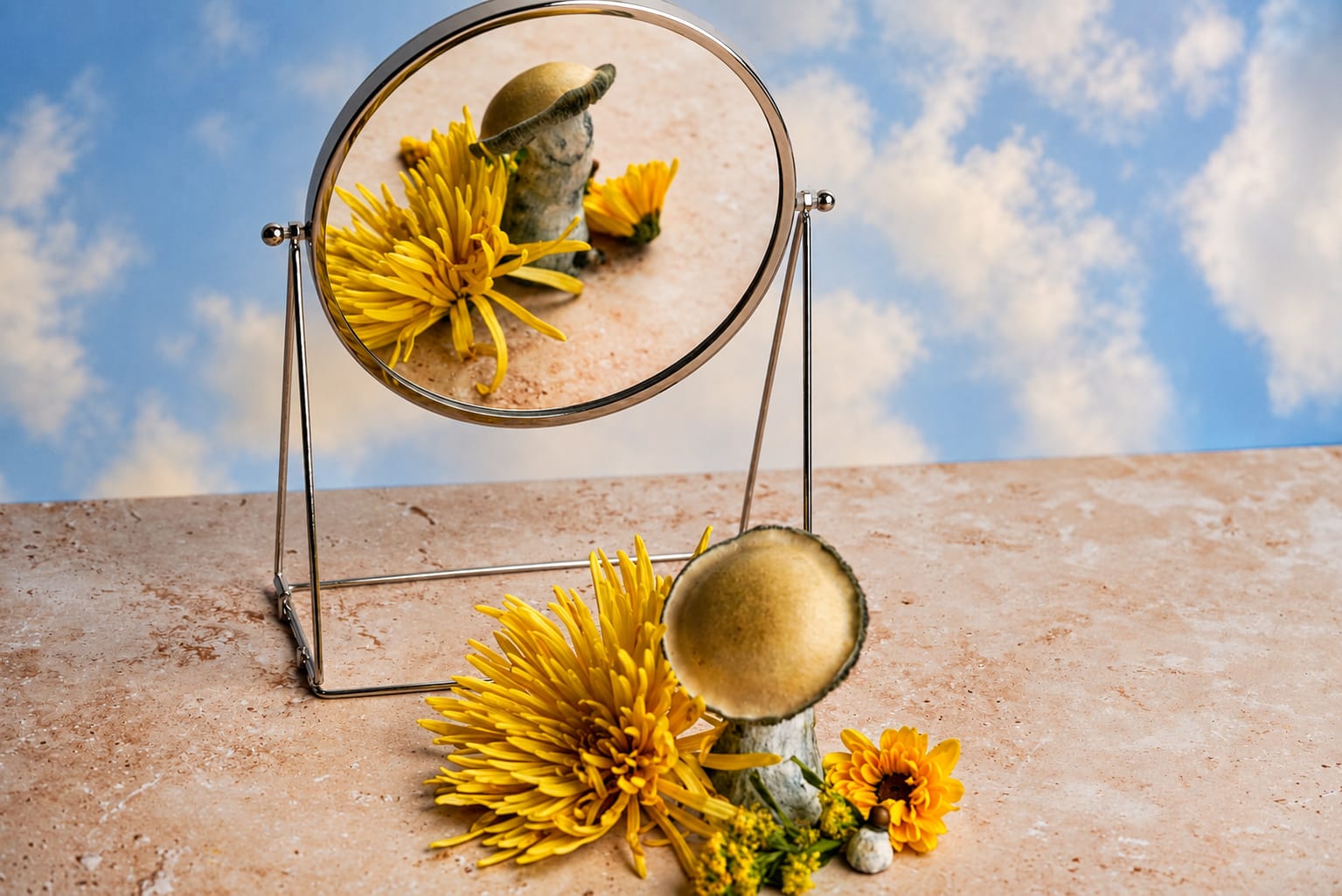 A cap and its reflection in a round mirror