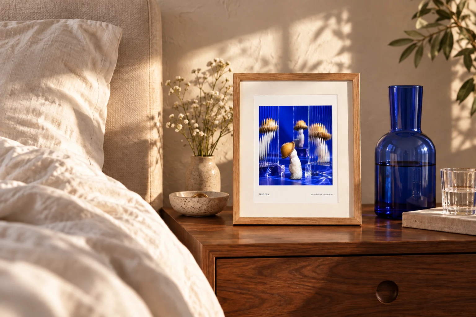 Blue Glasshouse artwork on a bedside table beside cream linen and cobalt glass